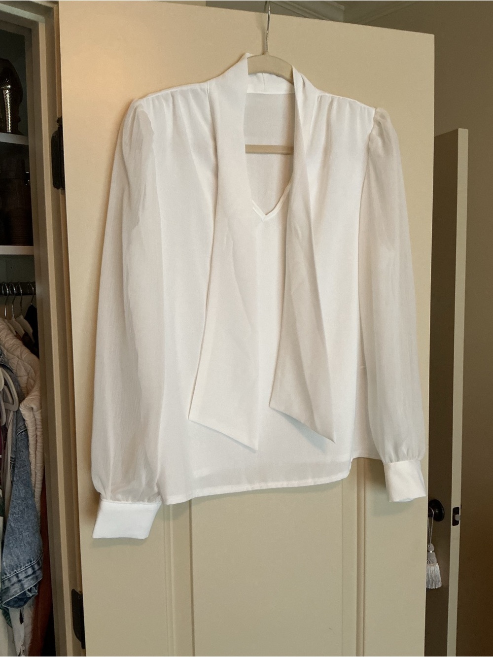 White Tie-Neck Long Sleeve Blouse